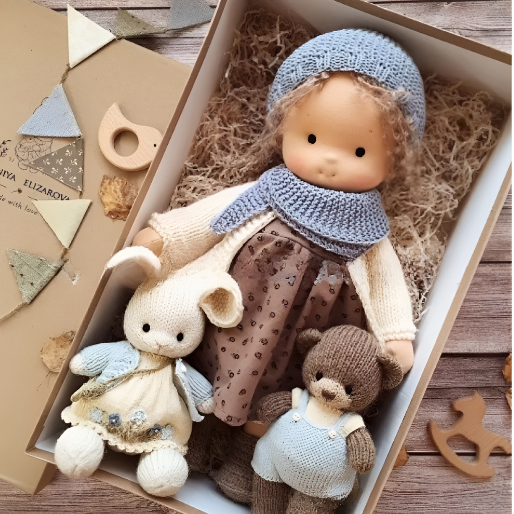 Educational Waldorf doll, handmade from natural materials for imaginative child development.