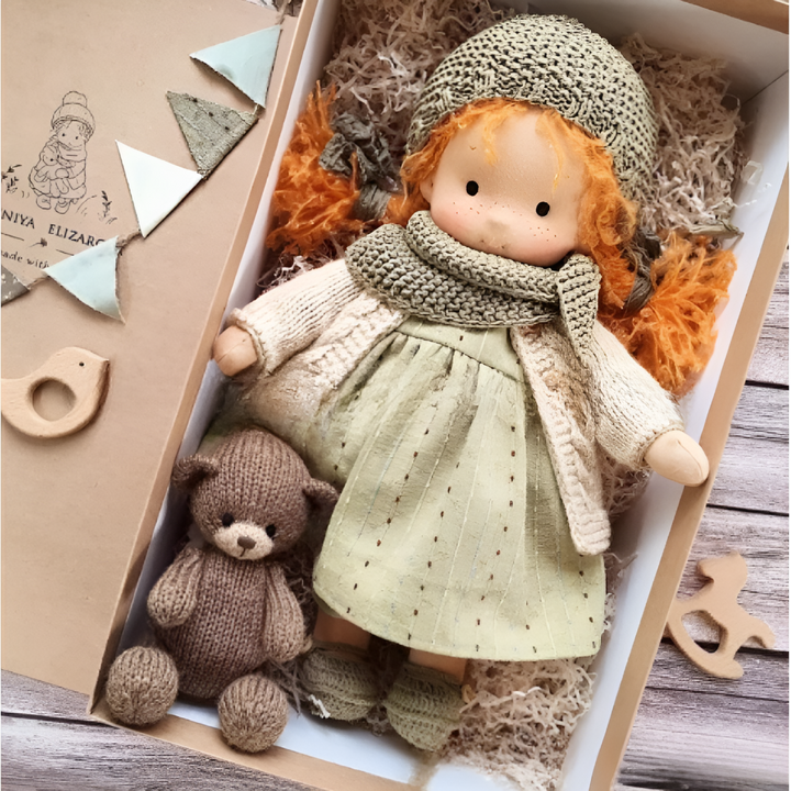 Waldorf soft doll, made from cotton and wool, ideal for cuddly and imaginative play.