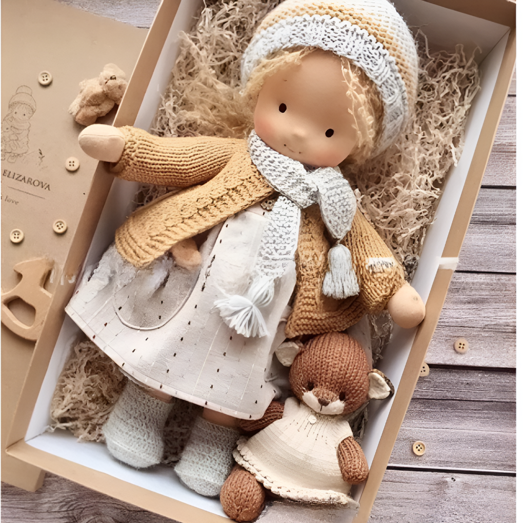 Toddler Waldorf doll, a handmade natural toy for nurturing and creative imaginative play.
