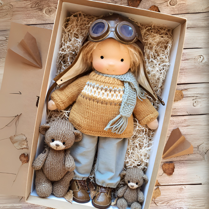 Handmade natural Waldorf doll, encourages imaginative and nurturing play for children.