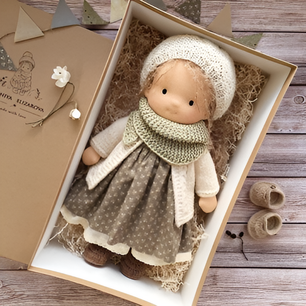 Cuddly wool Waldorf doll, a soft and hypoallergenic toy for imaginative toddler play.
