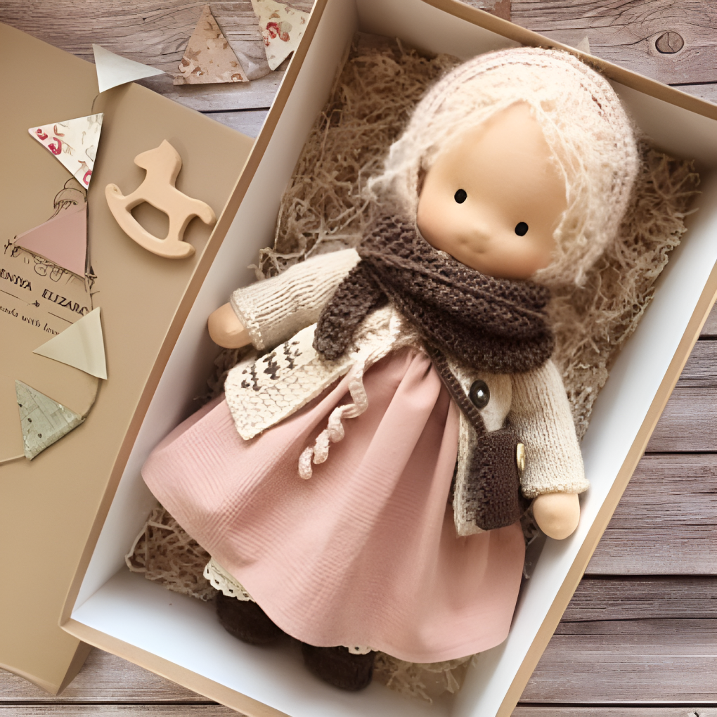 Soft cotton Waldorf doll, perfect for nurturing and imaginative toddler play.