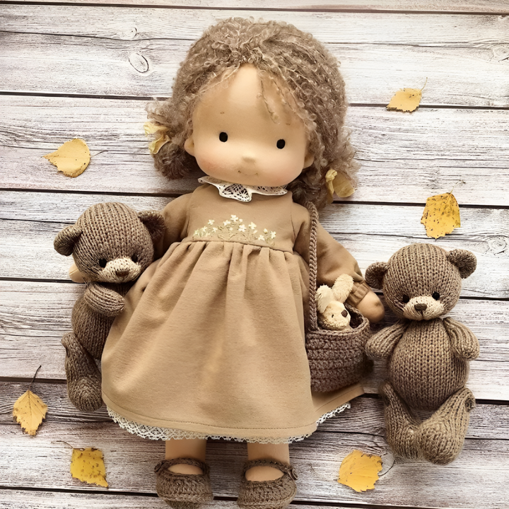 Imaginative play Waldorf doll, handmade cotton toy for nurturing children's creativity.