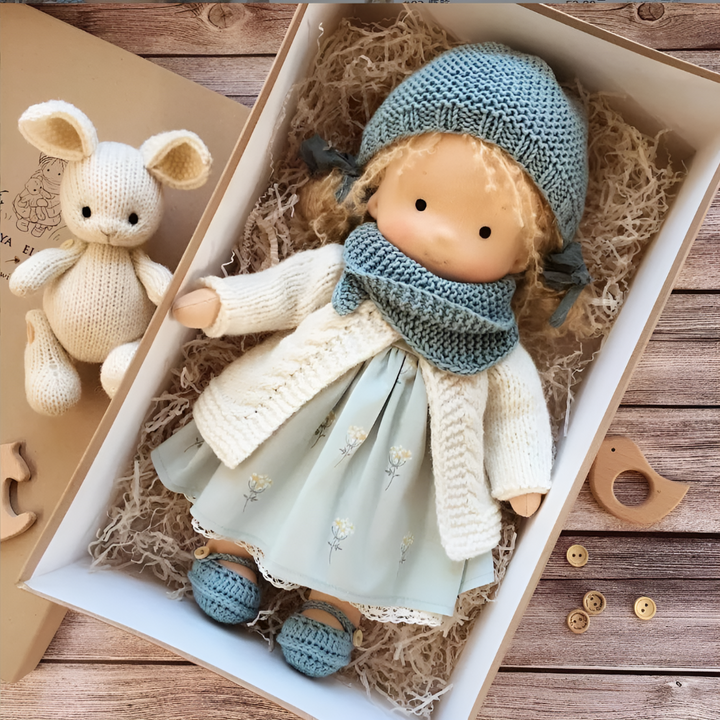 Children's soft Waldorf doll, made for cuddly and imaginative educational play.