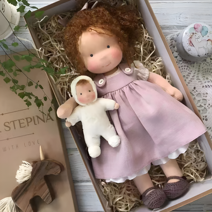 Toddler imaginative Waldorf doll, soft, hypoallergenic, and perfect for cuddles.