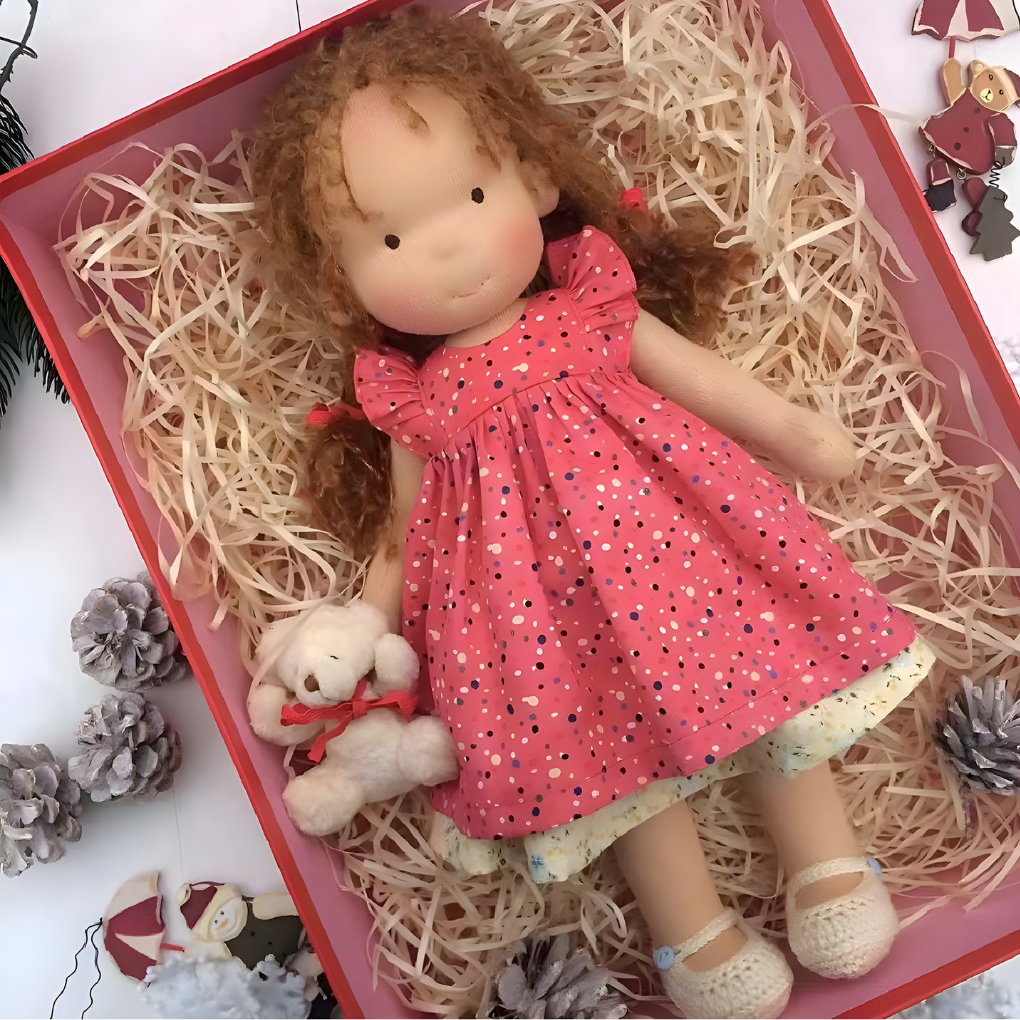 Handmade Waldorf doll for imaginative play, a cuddly and hypoallergenic toddler toy.