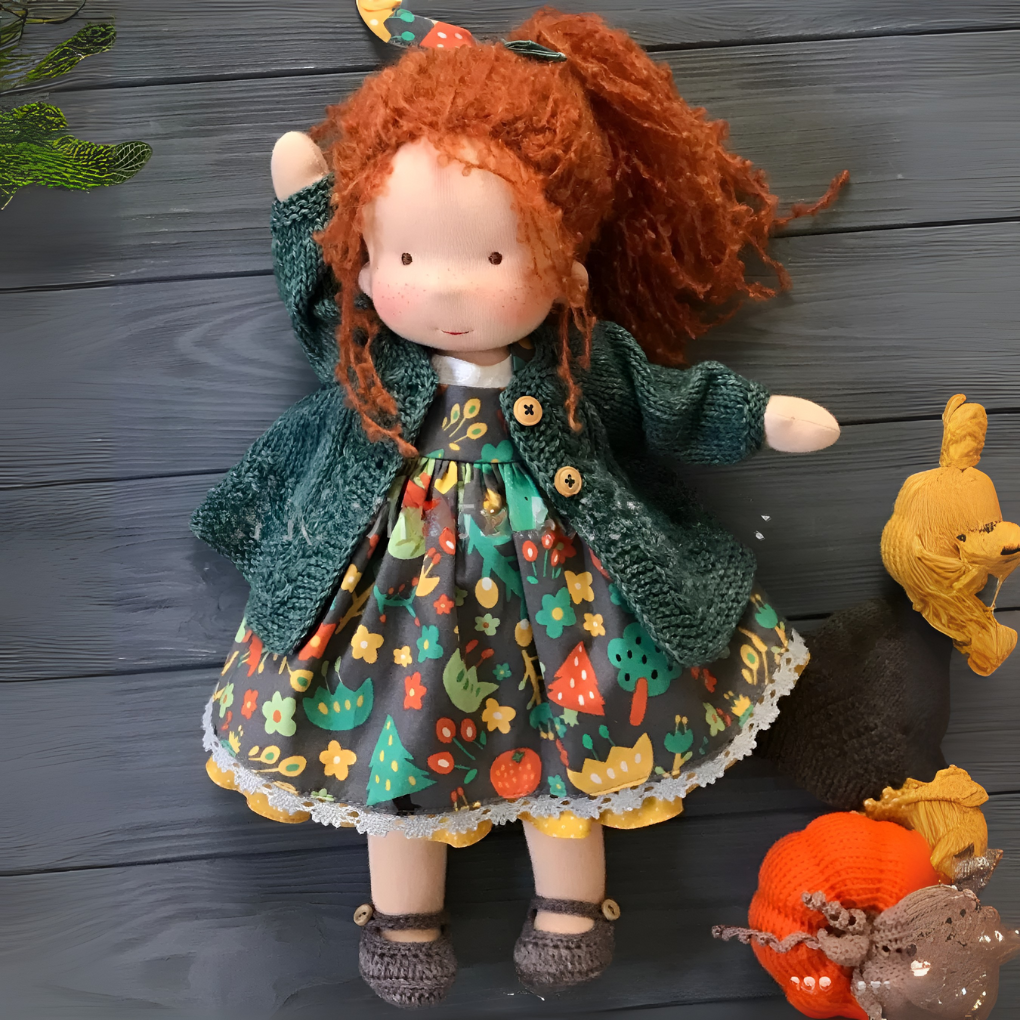 Natural children's Waldorf doll, soft cotton, promotes imaginative and nurturing play.