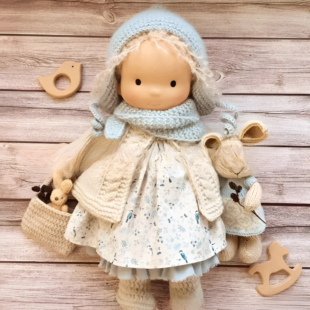 Waldorf wool doll, handmade and cuddly, perfect for imaginative and educational play.