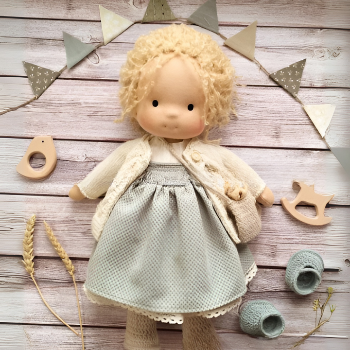 Natural wool Waldorf doll, a hypoallergenic and cuddly toy for children.