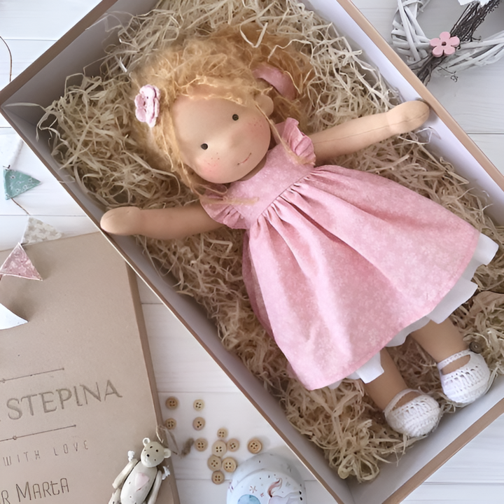 Natural Waldorf toy, a handmade wool doll, promotes imaginative and educational play.