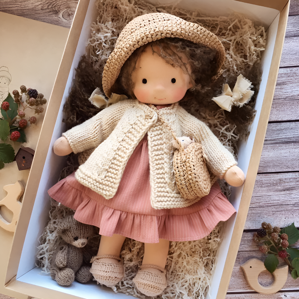 Toddler soft Waldorf doll, hypoallergenic, perfect for imaginative and cuddly play.