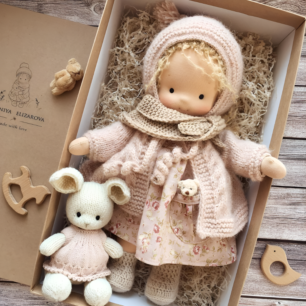 Handmade Waldorf doll, a natural toy encouraging imaginative and nurturing play for kids.