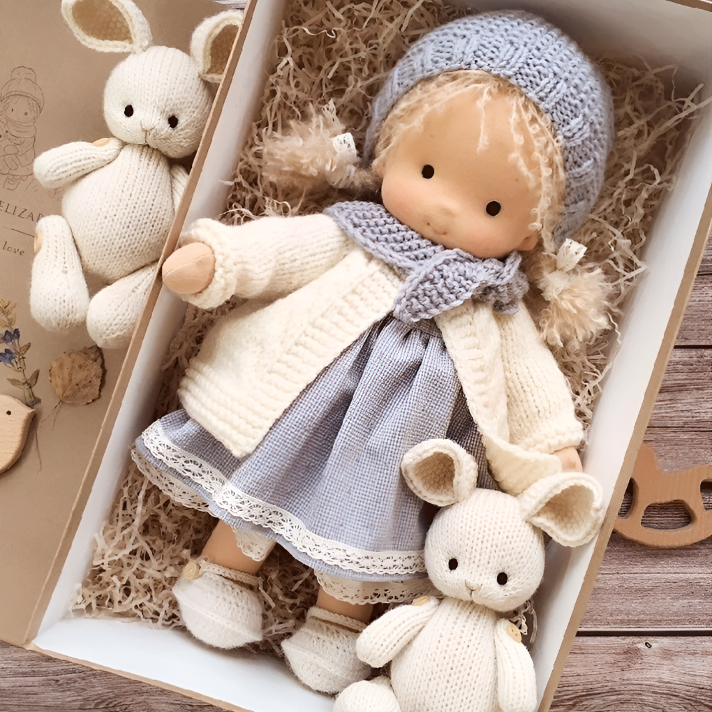Cuddly Waldorf doll for imaginative play, made with soft wool and hypoallergenic materials.
