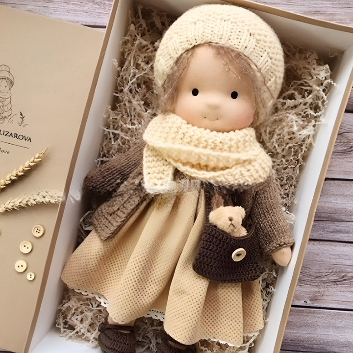 Children's natural Waldorf doll, soft, handmade, and perfect for imaginative nurturing play.