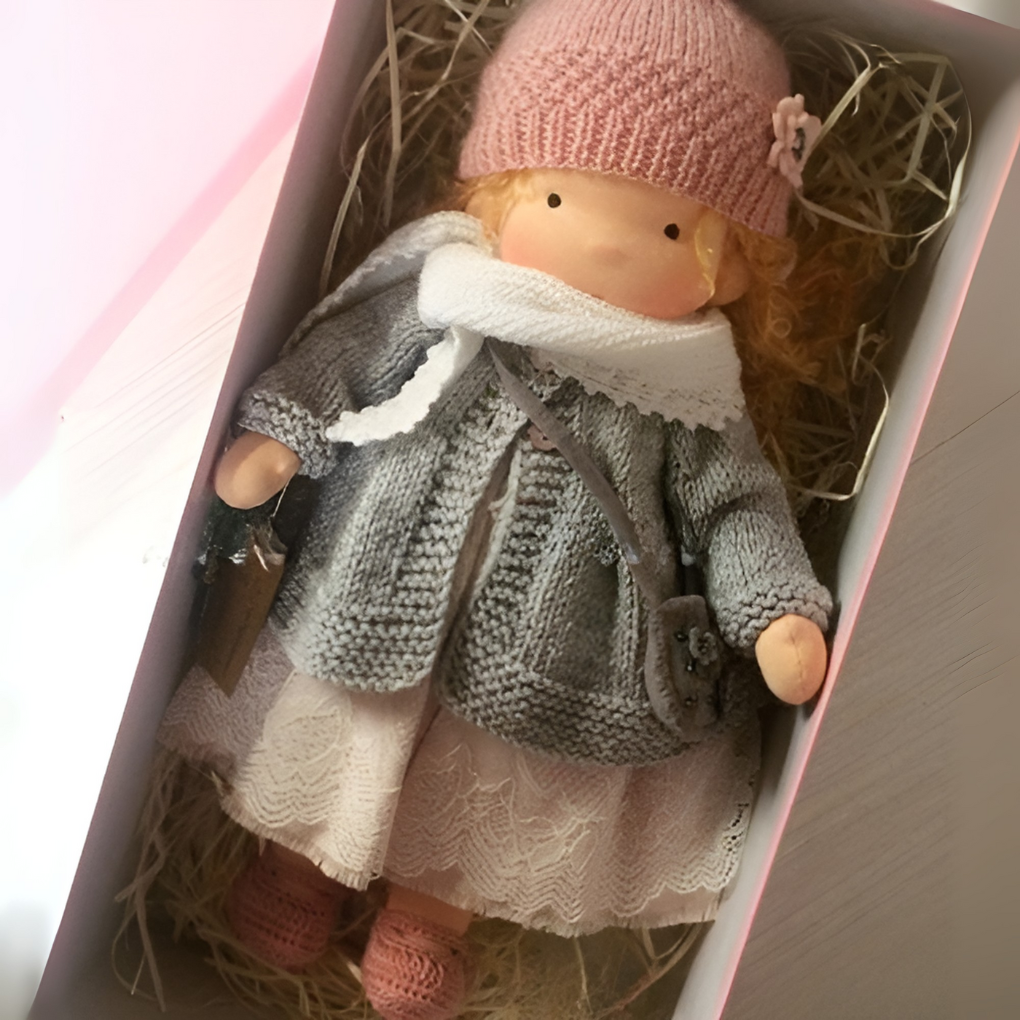 Toddler-friendly Waldorf doll, soft and hypoallergenic for safe, imaginative play.