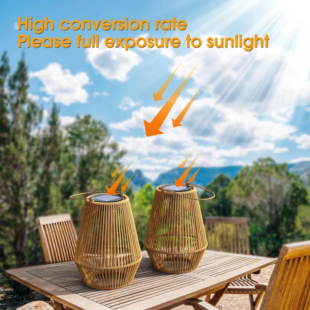 Sustainable handwoven solar garden light, waterproof outdoor decor with LED illumination.