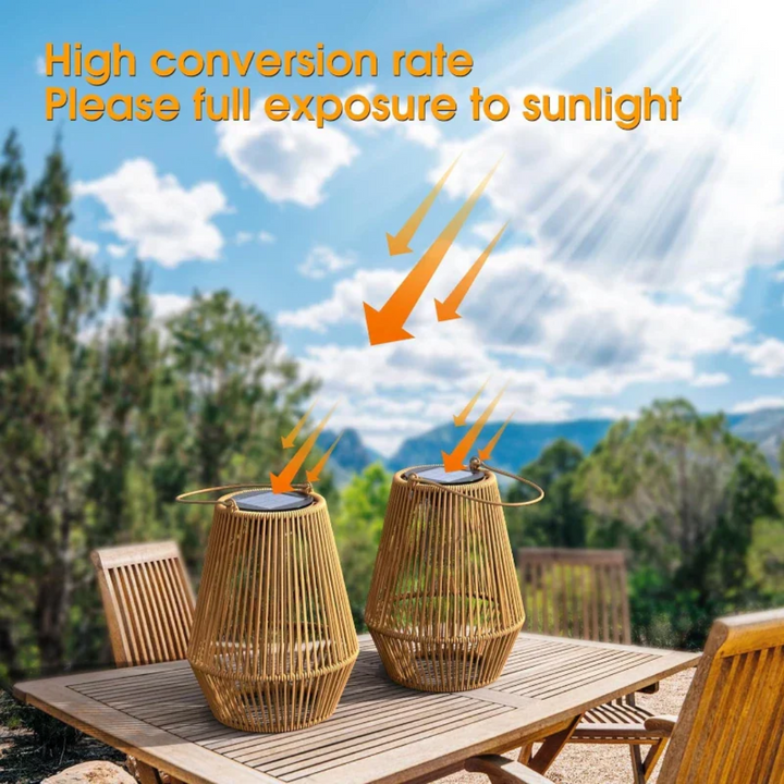Sustainable handwoven solar garden light, waterproof outdoor decor with LED illumination.