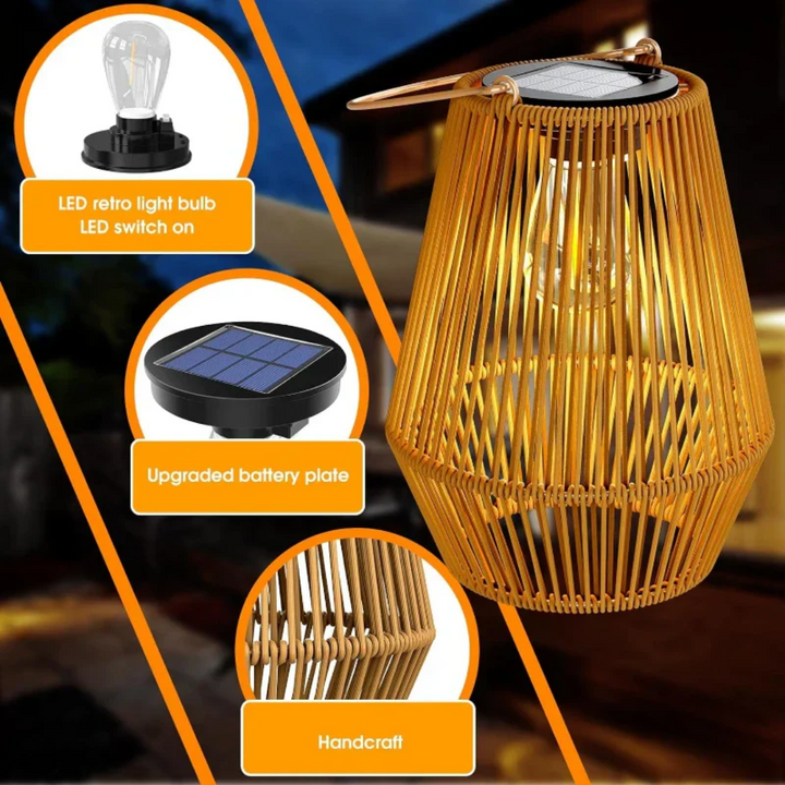 Elegant handwoven rattan solar lamp, weatherproof outdoor decor for gardens & patios.