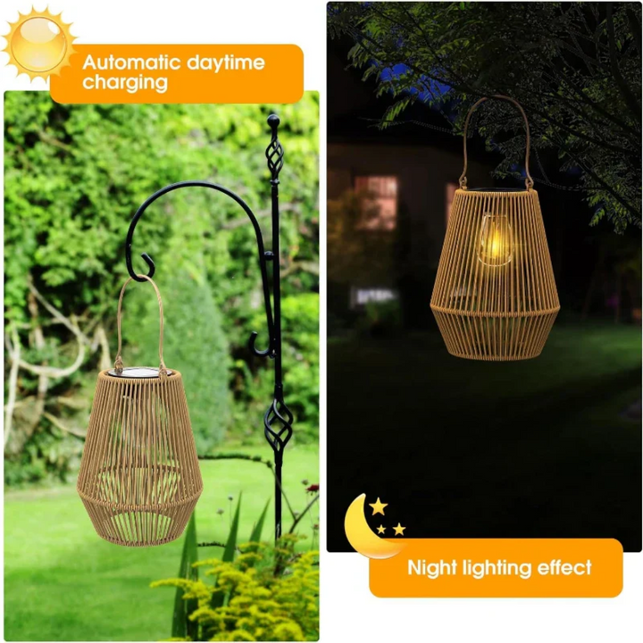 Waterproof handwoven solar garden lamp, durable LED outdoor light for all seasons.