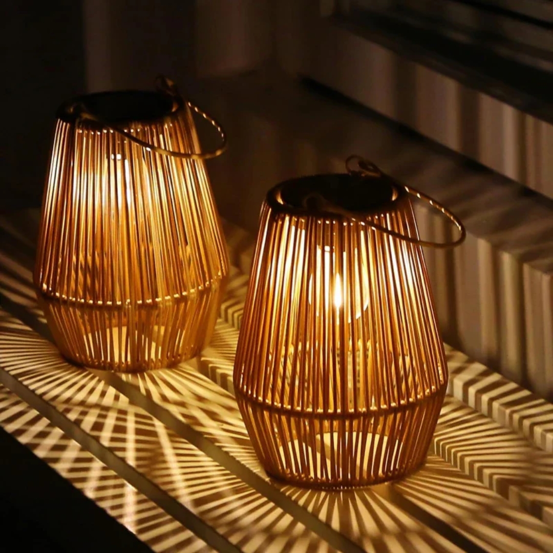 Artisanal handwoven solar garden light, energy-efficient outdoor decor for ambient lighting.
