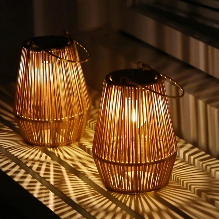 Artisanal handwoven solar garden light, energy-efficient outdoor decor for ambient lighting.