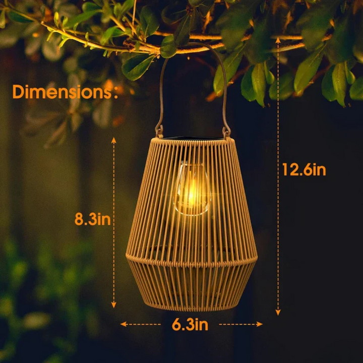SunWeave handwoven solar garden lamp, weatherproof outdoor LED light for sustainable patio ambiance.