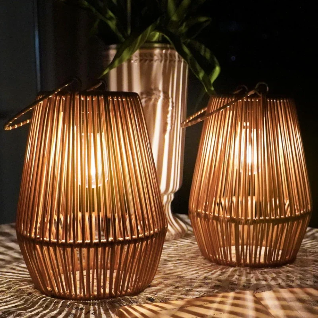 Outdoor handwoven solar garden lamp, waterproof LED lighting for patio and garden decor.