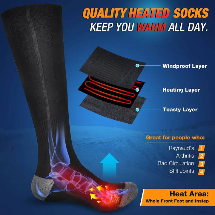 "Heated electric rechargeable warm socks for men and women, grey color, displaying advanced heating technology and comfort."