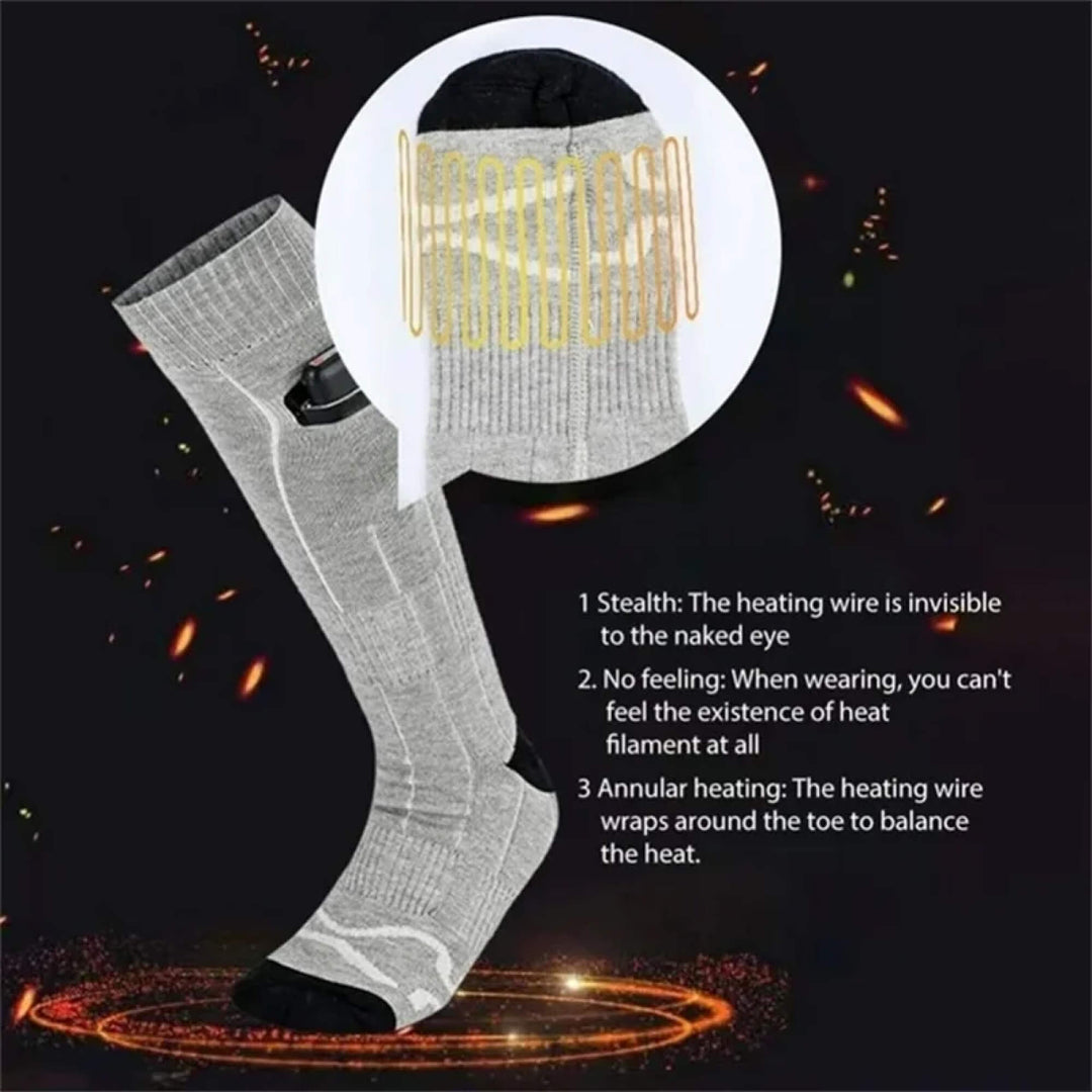 "Heated electric rechargeable warm socks for men and women, grey color, displaying advanced heating technology and comfort."