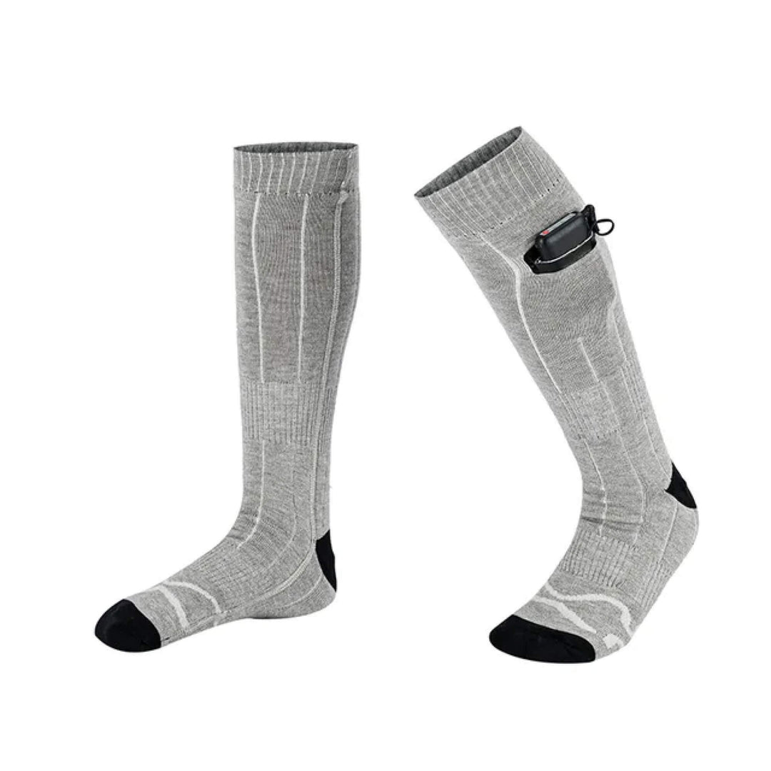 "Heated electric rechargeable warm socks for men and women, grey color, displaying advanced heating technology and comfort."