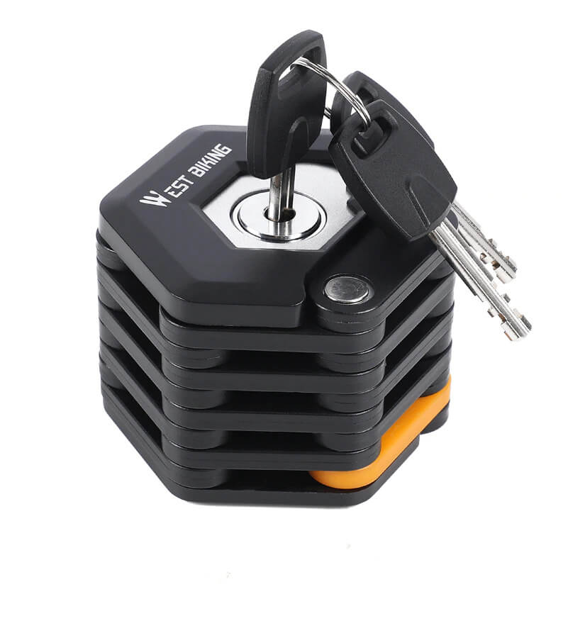 Heavy-duty folding bicycle lock for high security bike, e-bike, scooter anti-theft protection.