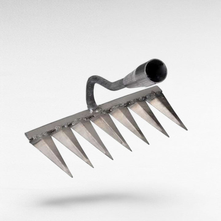 "Heavy-Duty Lawn Rake with stainless steel tines for weeding; angled V-shaped tines, durable garden maintenance tool."