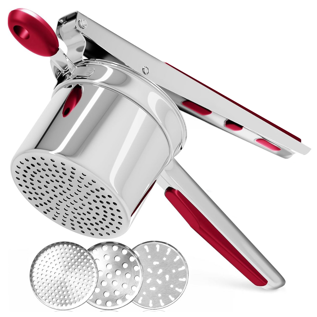 Heavy-duty stainless steel potato masher for creamy mashed potatoes. Essential kitchen tool for quick food prep.