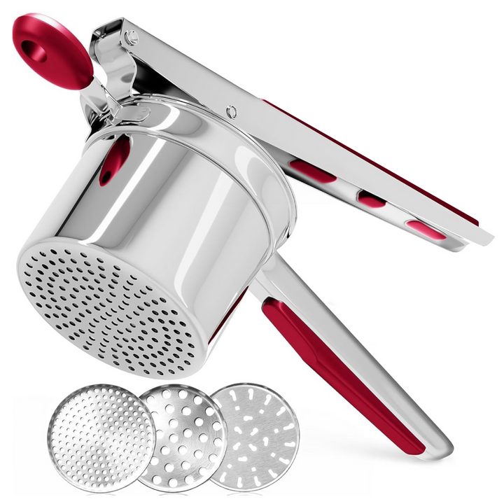 Heavy-duty stainless steel potato masher for creamy mashed potatoes. Essential kitchen tool for quick food prep.