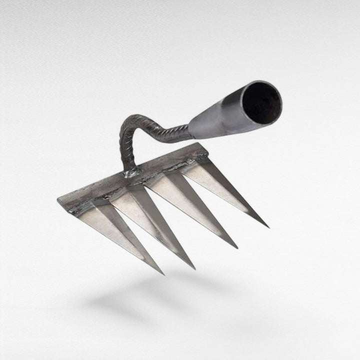 Heavy-duty steel garden rake with V-shaped tines for effortless weeding, featuring ergonomic design and durable construction.