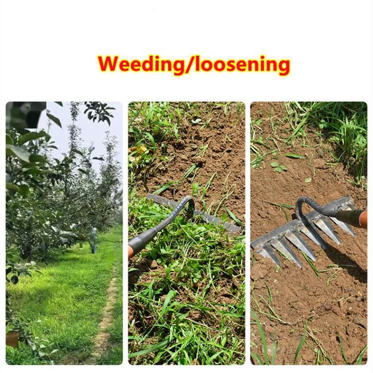 Heavy-duty steel garden rake with V-shaped tines for effortless weeding, featuring ergonomic design and durable construction.