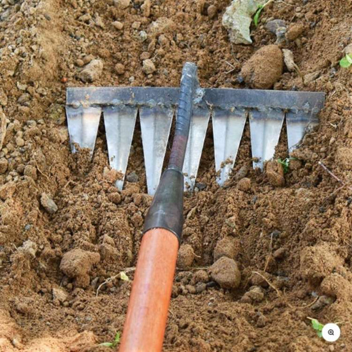 Heavy-duty steel garden rake with V-shaped tines for effortless weeding, featuring ergonomic design and durable construction.