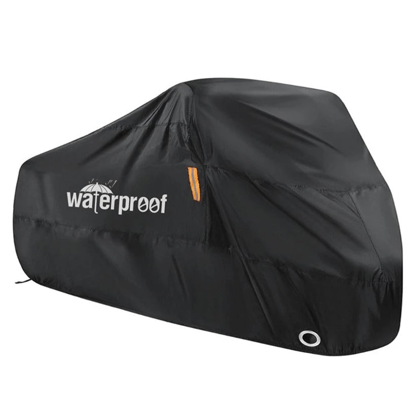 "Heavy-duty waterproof bicycle cover, black and gray, protecting bikes from weather with adjustable straps for secure fit."