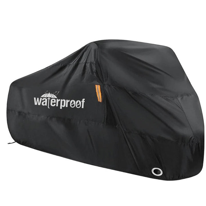 "Heavy-duty waterproof bicycle cover, black and gray, protecting bikes from weather with adjustable straps for secure fit."