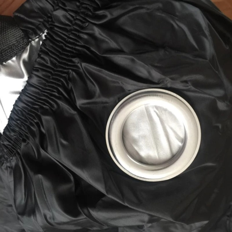 "Heavy-duty waterproof bicycle cover, black and gray, protecting bikes from weather with adjustable straps for secure fit."