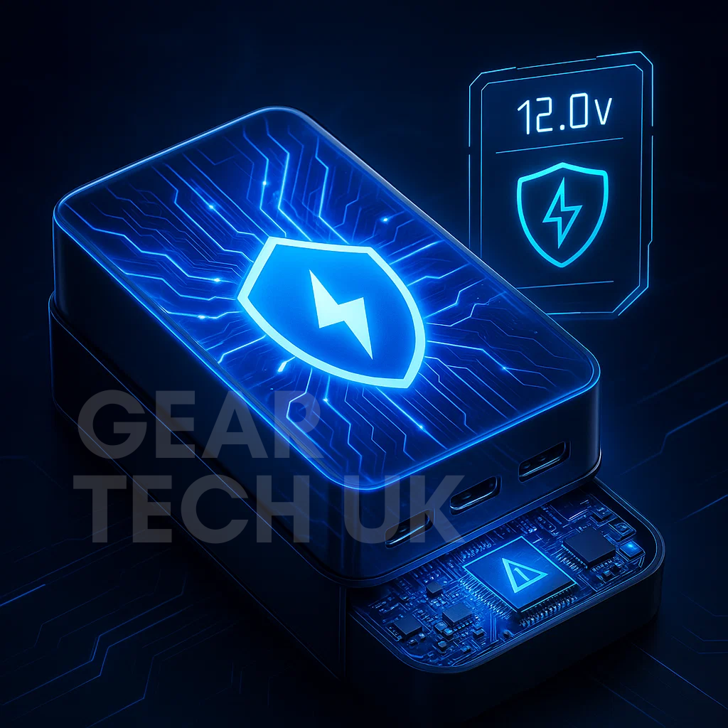 "High capacity portable power bank, sleek black design, for charging phones, tablets, and laptops on the go efficiently."