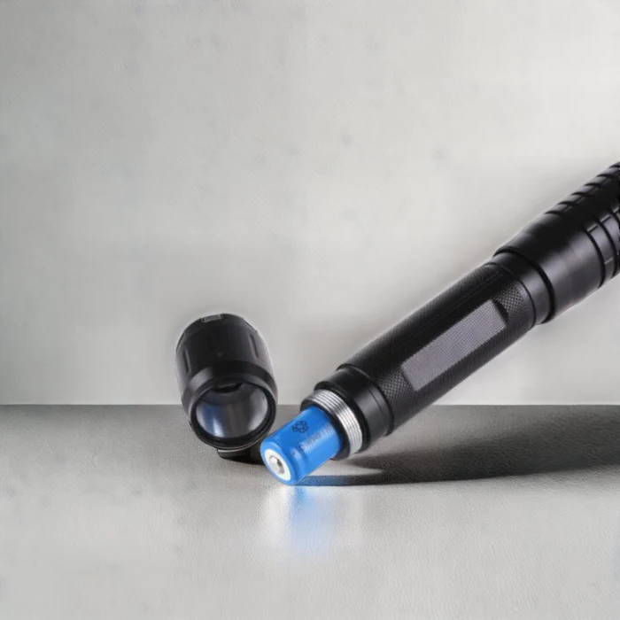 High-intensity waterproof laser torch, blue beam, ideal for outdoor, camping, and hiking, front view, light up the night.