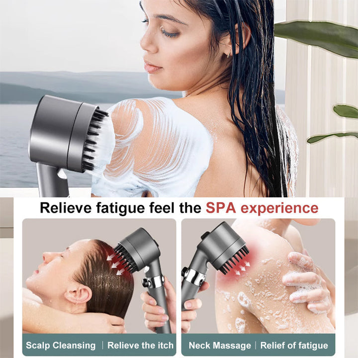 "High-pressure showerhead with enhanced filtration, sleek silver design, boosts water pressure, and fits standard shower hose