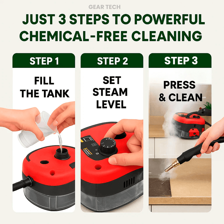 "High-temperature home steam cleaner with variable control, large tank, and extended reach, ideal for deep cleaning."