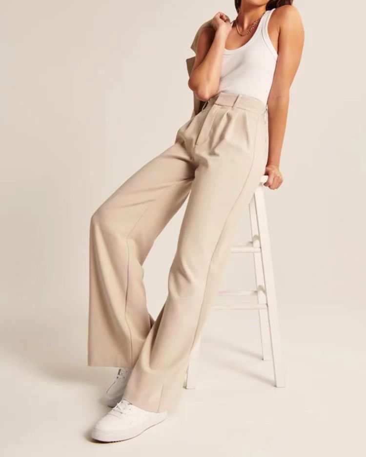 High waist, wide-leg women's trousers, tailored fit, full length, soft fabric, elegant drape, professional and casual wear.