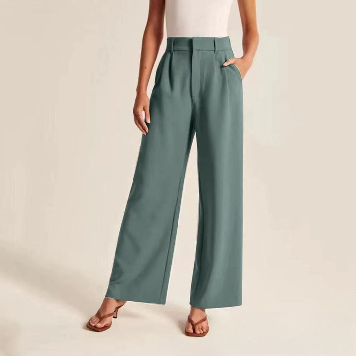 High waist, wide-leg women's trousers, tailored fit, full length, soft fabric, elegant drape, professional and casual wear.