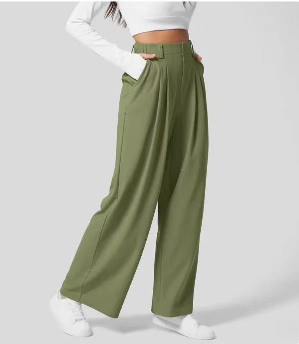 High waist, wide-leg women's trousers, tailored fit, full length, soft fabric, elegant drape, professional and casual wear.