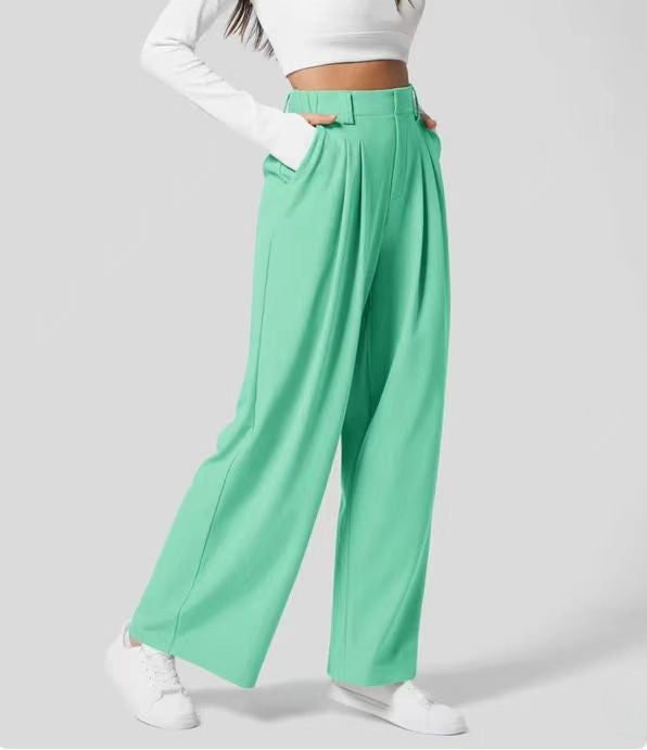 High waist, wide-leg women's trousers, tailored fit, full length, soft fabric, elegant drape, professional and casual wear.