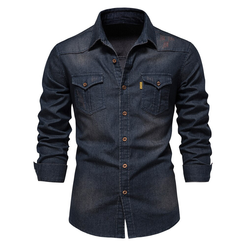 Close-up of Hugo men's denim casual button-up shirt. Features long sleeves & quality fabric for everyday style.