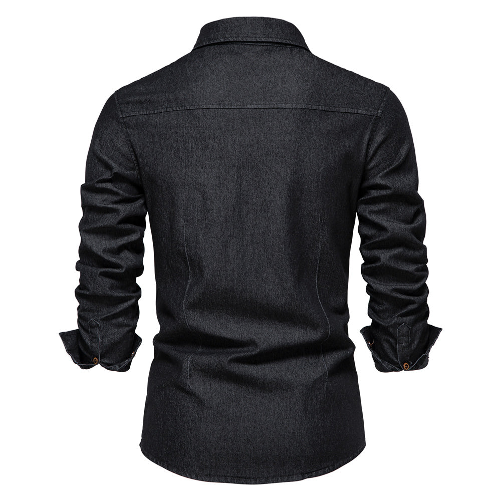 Men's Hugo denim button-up shirt, a versatile long sleeve top. Perfect for casual spring & summer fashion.